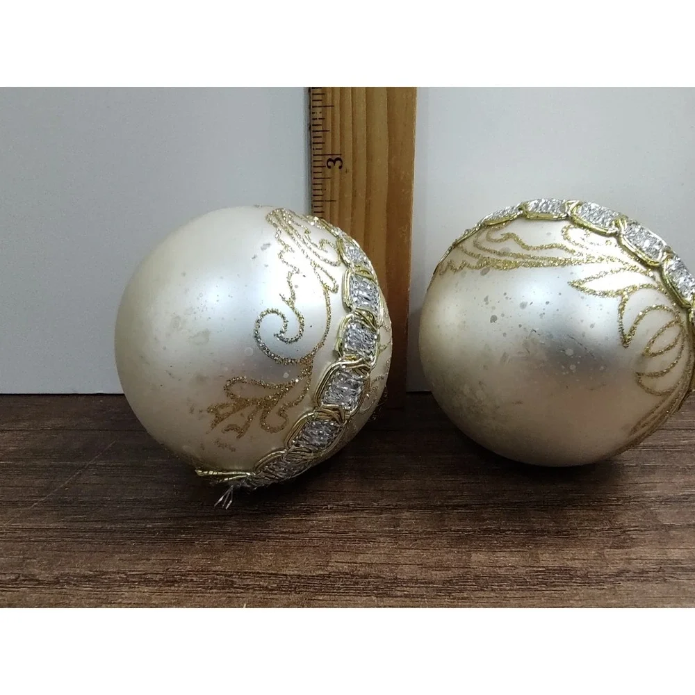 Vintage Ivory Gold Brocade Glass Ornament lot of 2 Ornate Christmas Victorian B2